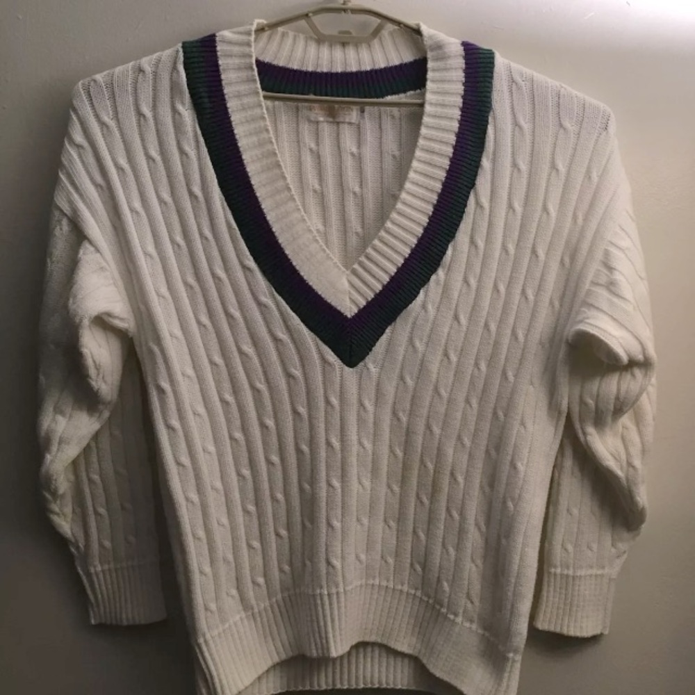 Men’s WIMBLEDON Cable-knit Size Large Tennis Collegiate V neck Sweater